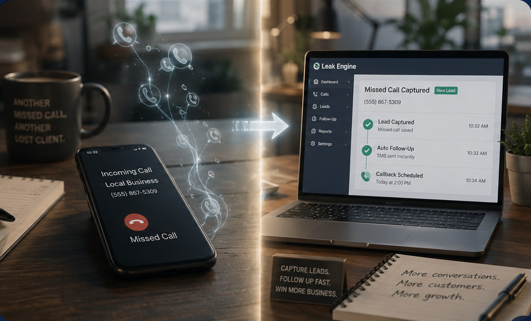 A missed call on a phone flowing into the Leak Engine dashboard, which captures the lead, sends an instant follow-up SMS and schedules a callback